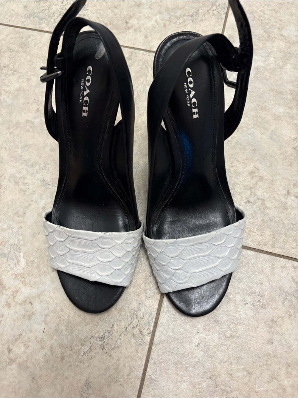 COACH Black & White Leather Open-Toe Slingback Sandals